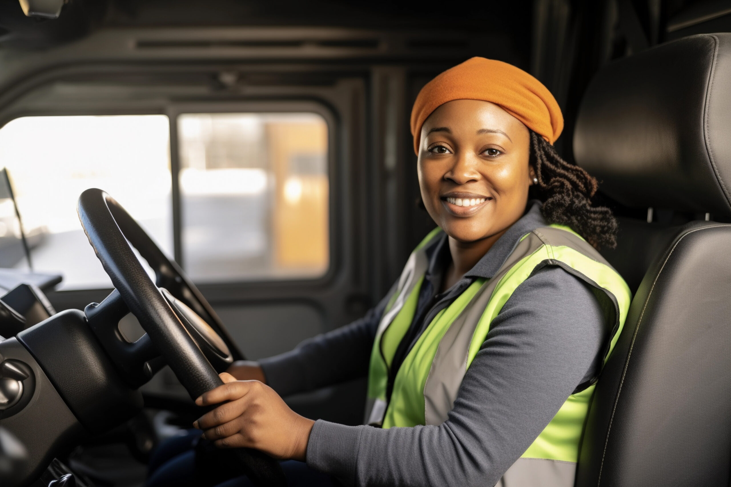 Female delivery truck driver sitting at the helm