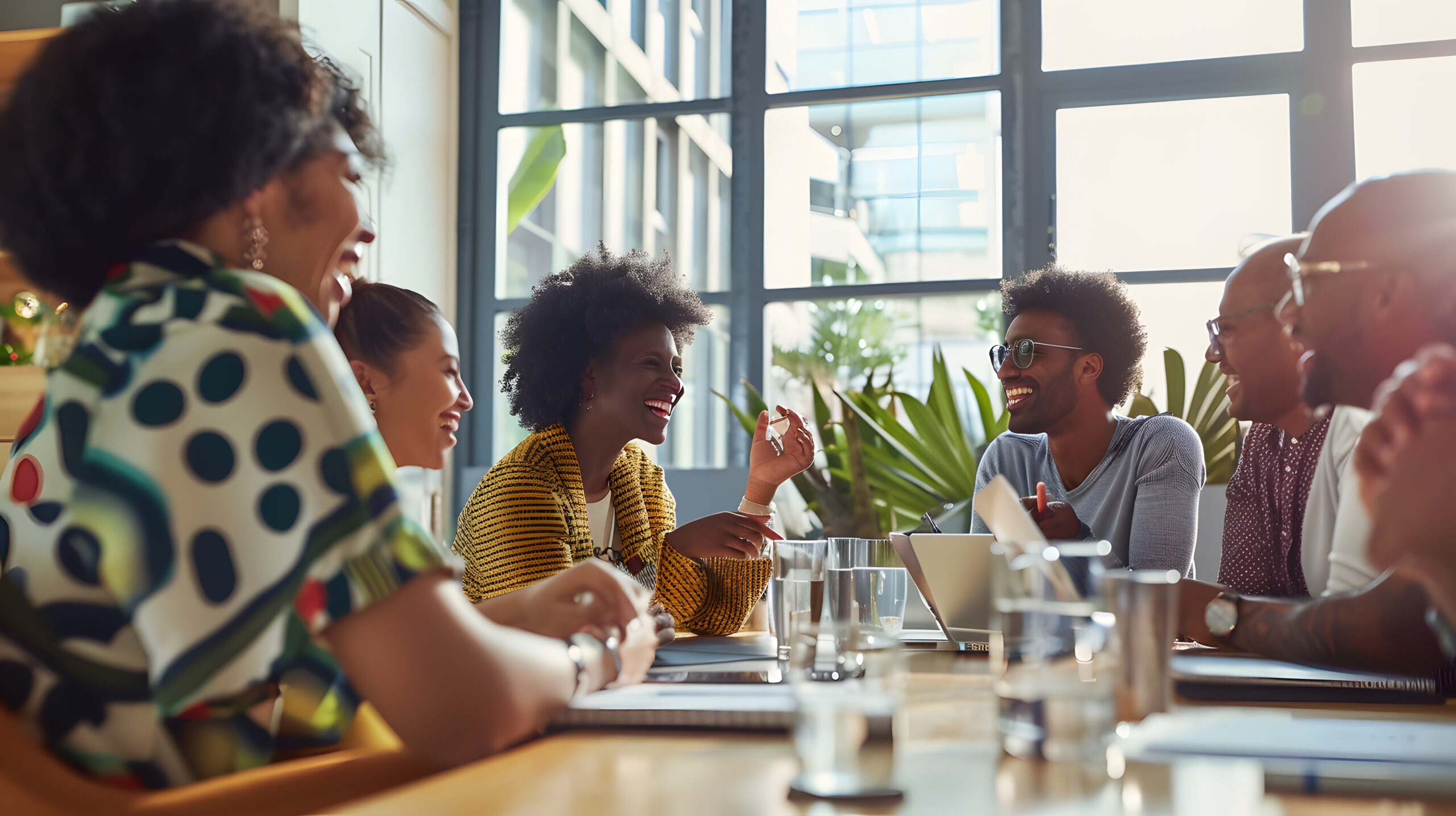 Team enjoying a lively discussion in a bright, modern office
